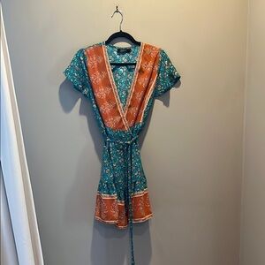 Teal and Orange Floral Wrap Dress